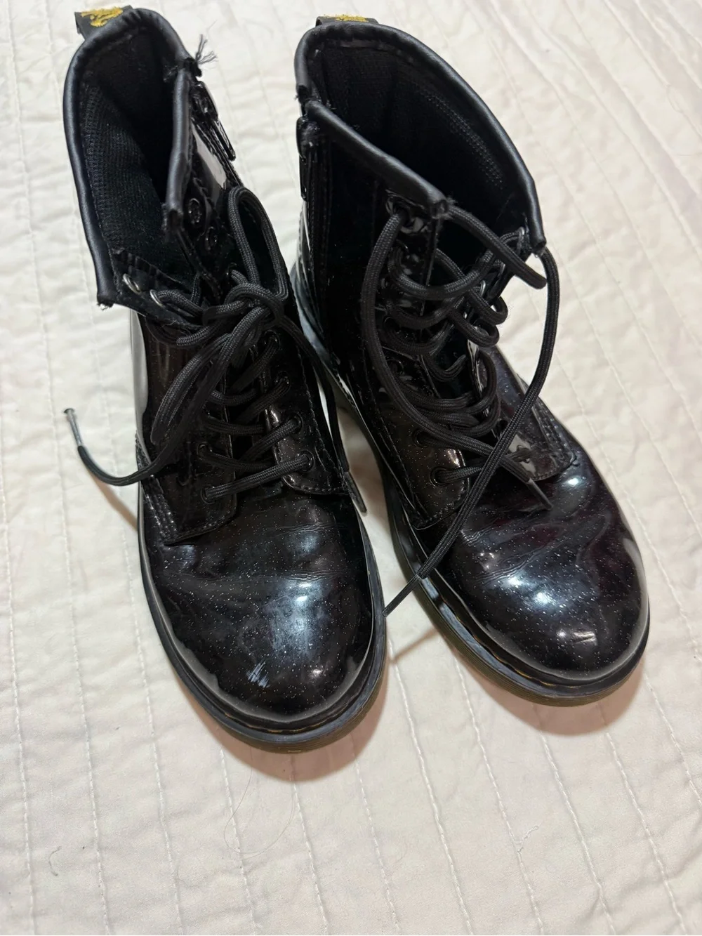 Dr. Martens 1460 Junior Glitter Black Patent Leather Boots with Yellow Stitching